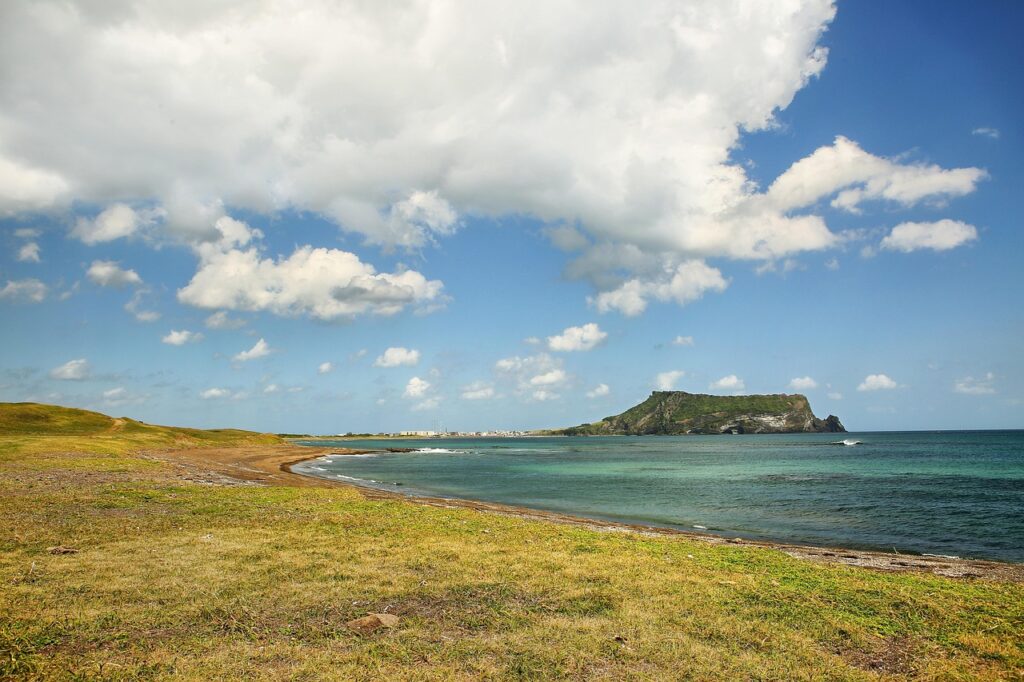 seongsan sunrise peak, ocean, island, beach, landscape, jeju island, nature, travel
